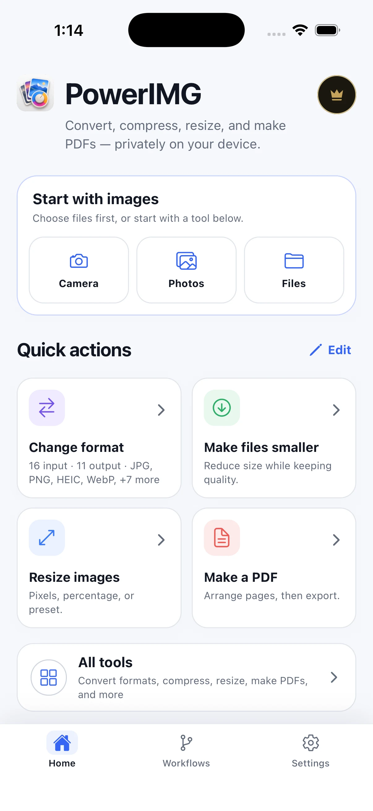 画像の入力元とクイックアクションを表示する PowerIMG ホーム画面