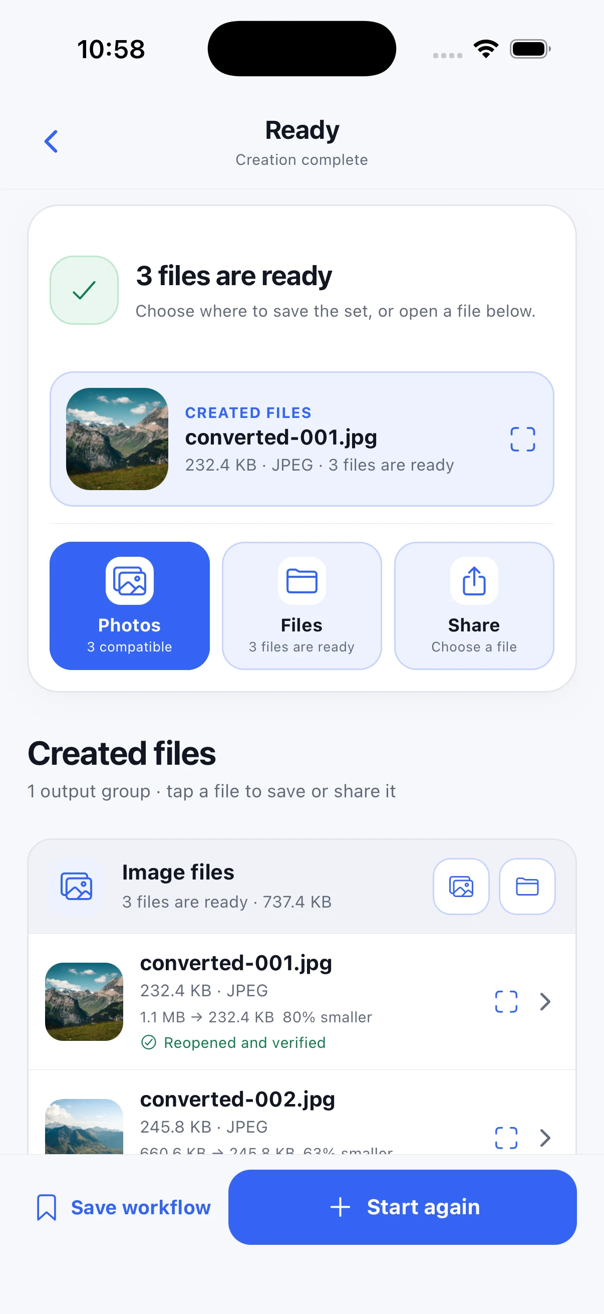 写真、ファイル、共有に使える3つの変換済みファイルを表示する PowerIMG の結果画面