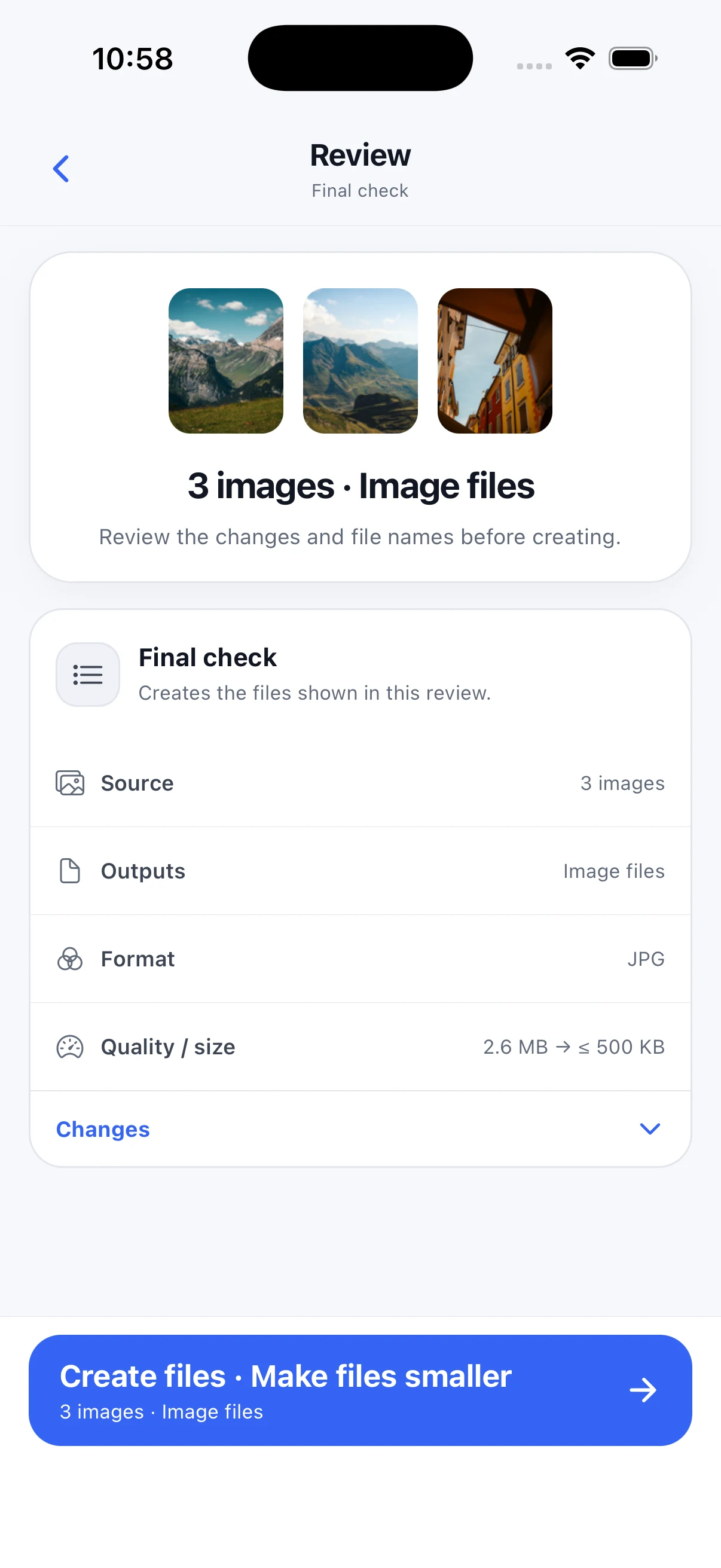 PowerIMG exact-size compression screen showing a target size before creation