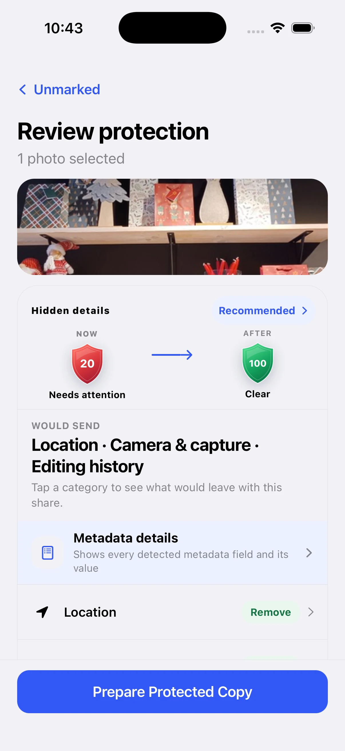 Unmarked iPhone review protection screen showing hidden details and a recommended protection profile